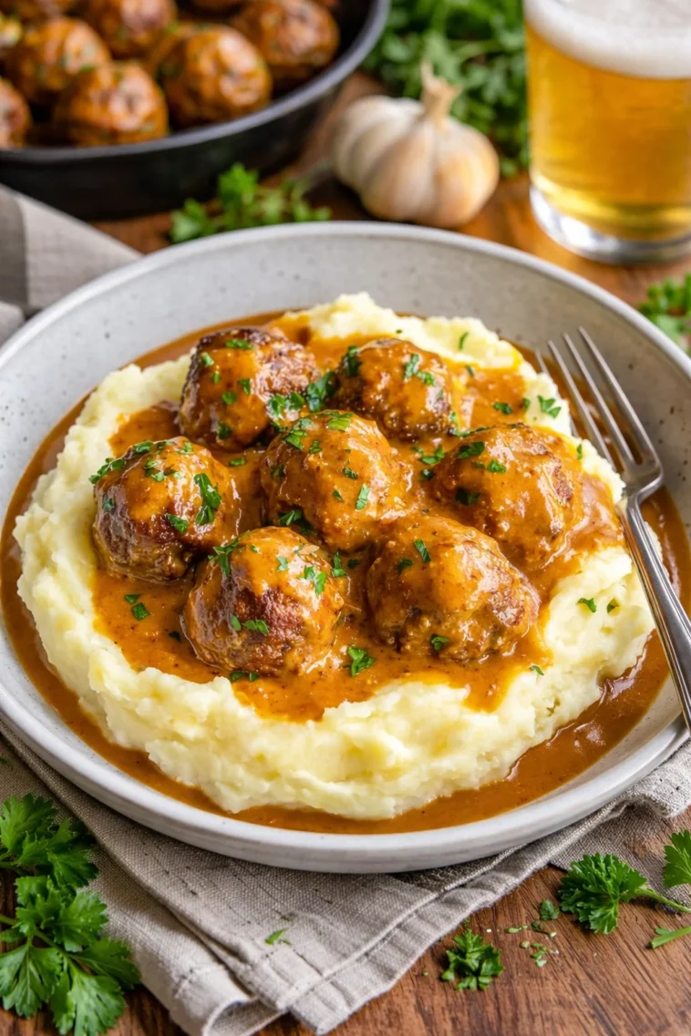 Saftige Fleischbällchen in cremiger Sauce mit Kartoffelpüree serviert.