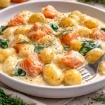 Rauchiger Lachs auf Gnocchi, serviert mit frischen Kräutern und Zitronenscheiben.
