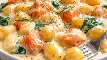 Rauchiger Lachs auf Gnocchi, serviert mit frischen Kräutern und Zitronenscheiben.