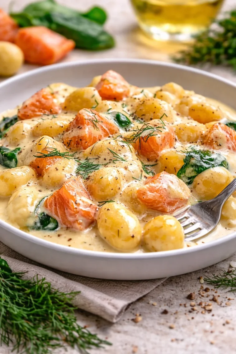 Rauchiger Lachs auf Gnocchi, serviert mit frischen Kräutern und Zitronenscheiben.