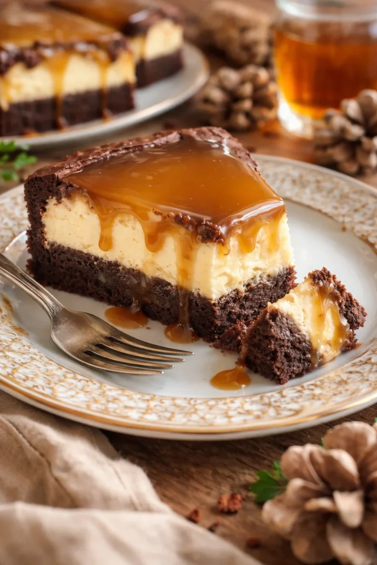 Karamell-Brownie-Käsekuchen in einem dekorativen Dessertteller