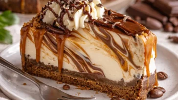 Karamell-Schokoladen-Kaffee-Käsekuchen auf einem Teller