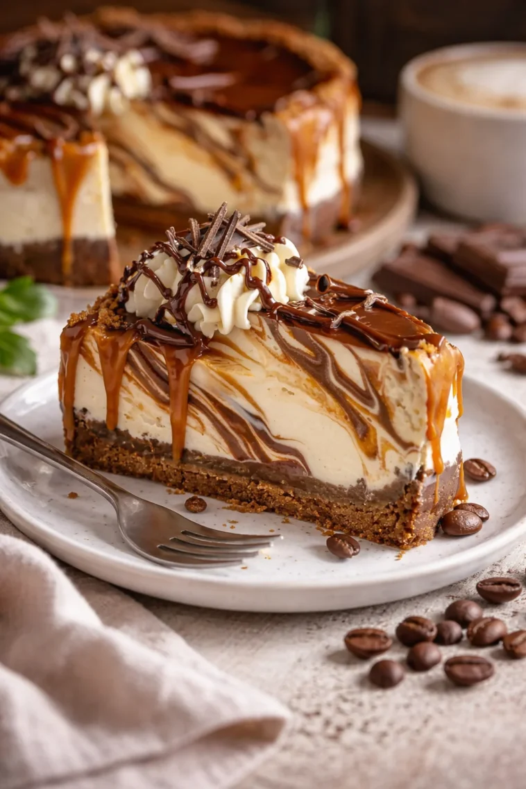 Karamell-Schokoladen-Kaffee-Käsekuchen auf einem Teller