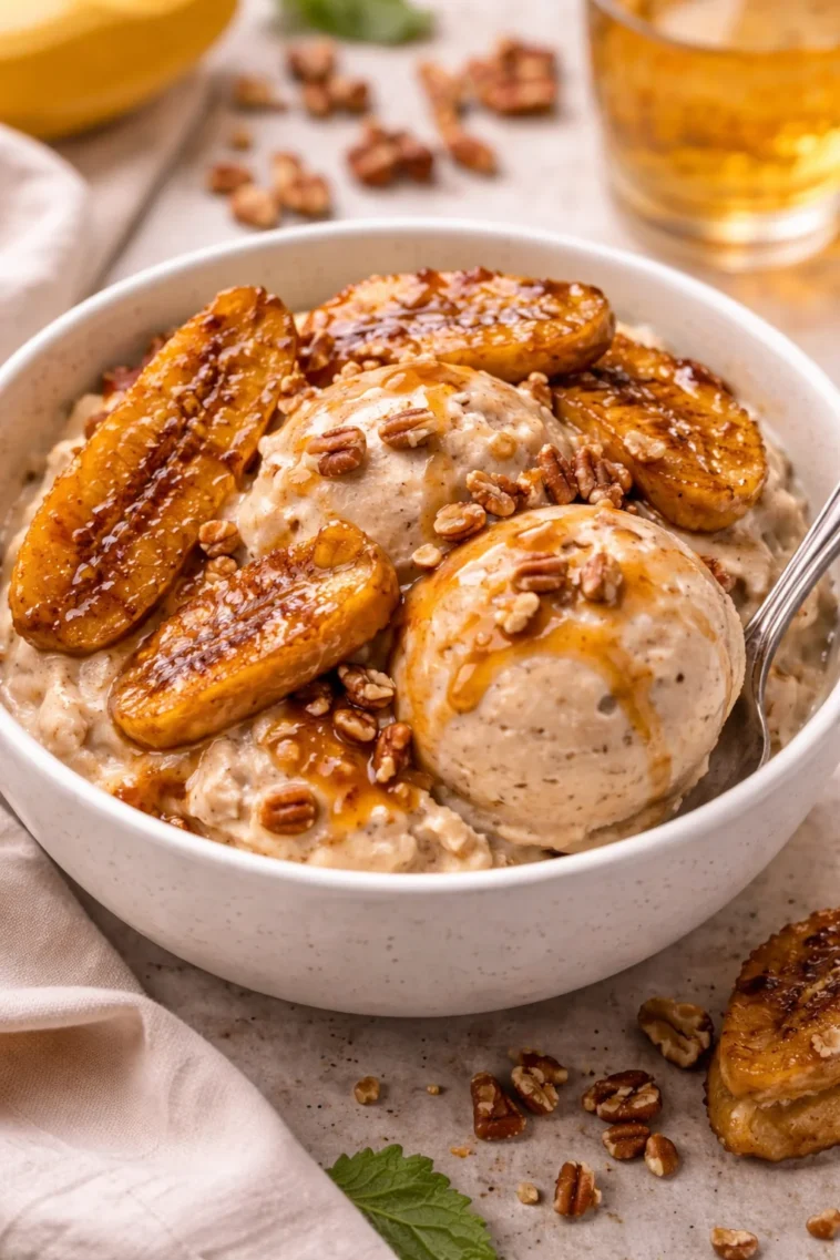 Karamellisierte Bananeneiscreme mit einem Hauch von Karamell und Bananenstücken.