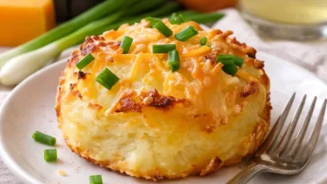 Käse-Kartoffel-Puffs auf einem Teller, frisch gebacken und golden-bräunlich.