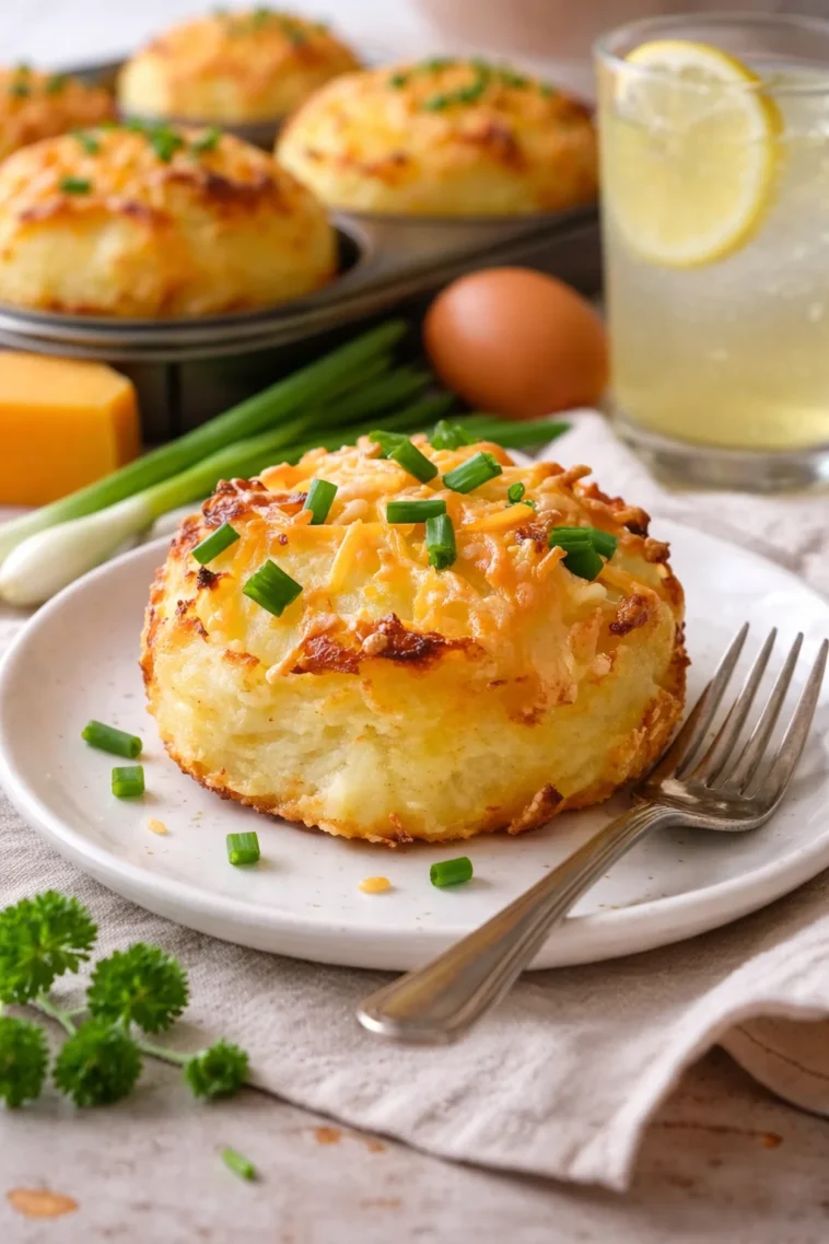 Käse-Kartoffel-Puffs auf einem Teller, frisch gebacken und golden-bräunlich.