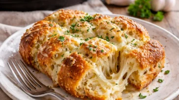 Frisches Käse-Knoblauchbrot auf einem rustikalen Holzbrett