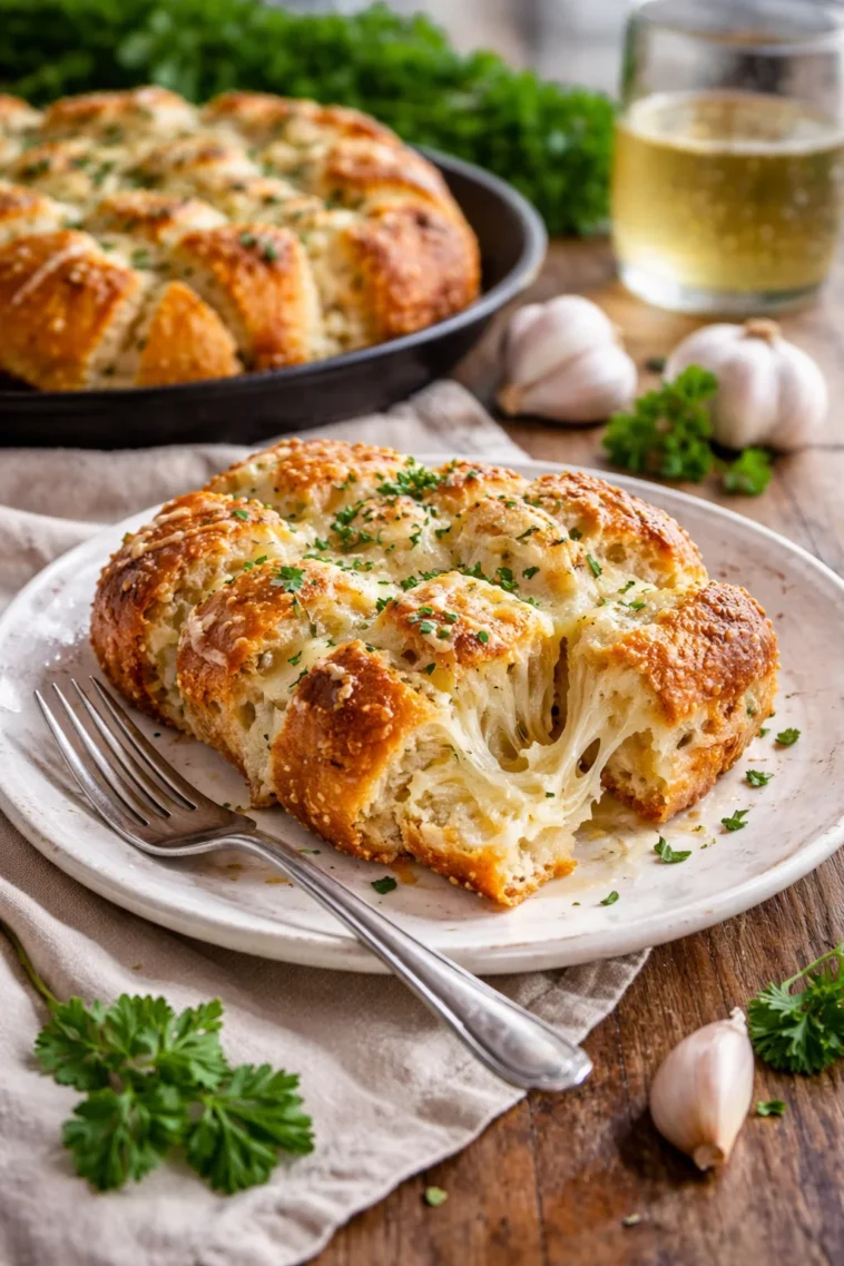 Frisches Käse-Knoblauchbrot auf einem rustikalen Holzbrett