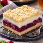 Käsekuchen mit Kirschen und Streuselteig auf einem Teller serviert