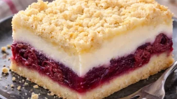 Käsekuchen mit Kirschen und Streuselteig auf einem Teller serviert