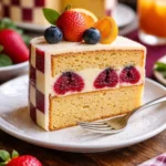 Käsekuchen mit Schachbrettmuster und frischen Beeren auf einem Teller