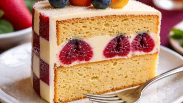 Käsekuchen mit Schachbrettmuster und frischen Beeren auf einem Teller