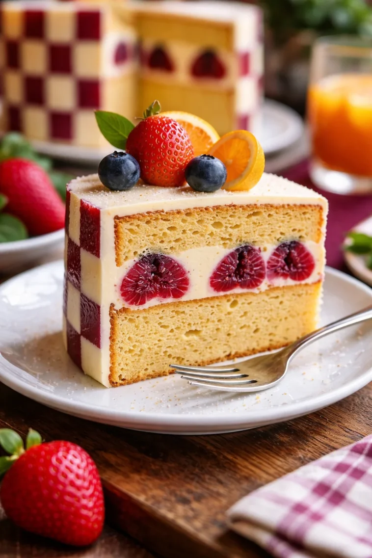Käsekuchen mit Schachbrettmuster und frischen Beeren auf einem Teller