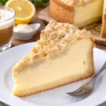 Käsekuchen mit Streusel auf einem Teller, frisch gebacken und appetitlich angerichtet