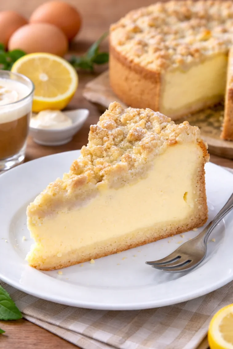 Käsekuchen mit Streusel auf einem Teller, frisch gebacken und appetitlich angerichtet