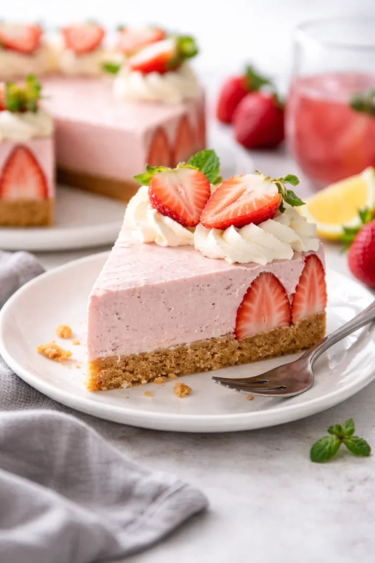 Erdbeer-Käsekuchen ohne Backzeit auf einem Teller serviert
