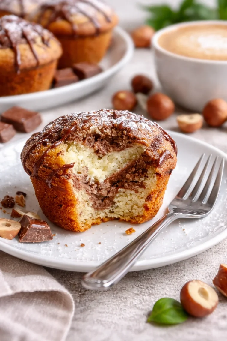 Köstliche Kinder-Bueno-Muffins mit Mascarponefüllung auf einem Teller.