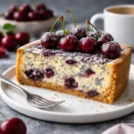 Kirsch-Mohn-Käsekuchen auf einem weißen Teller mit frischen Kirschen