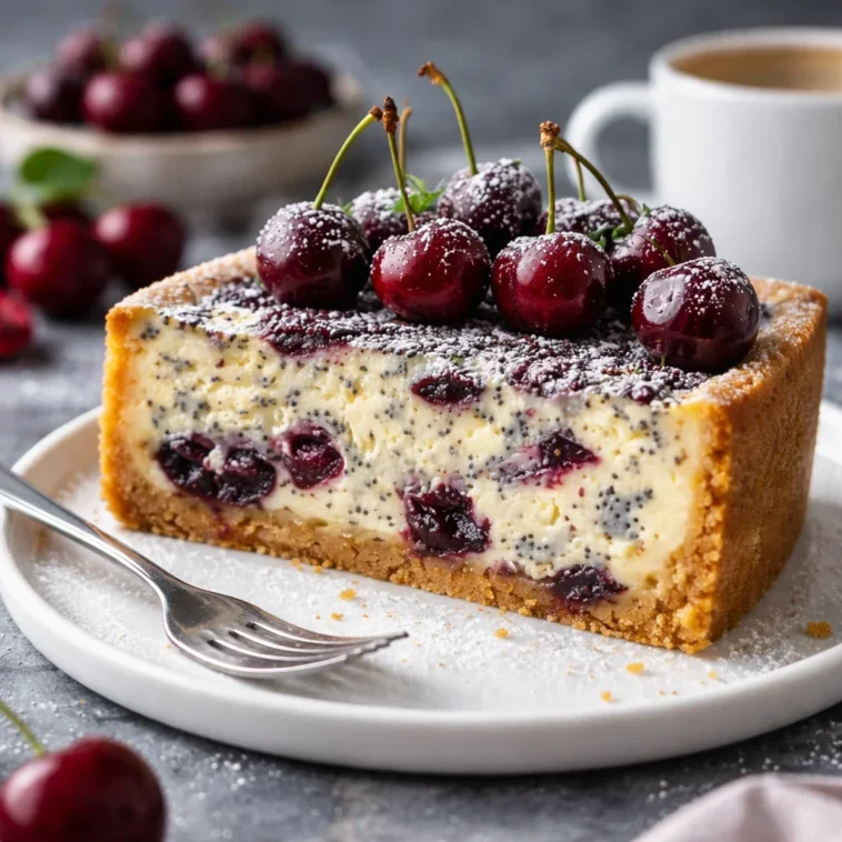 Kirsch-Mohn-Käsekuchen auf einem weißen Teller mit frischen Kirschen