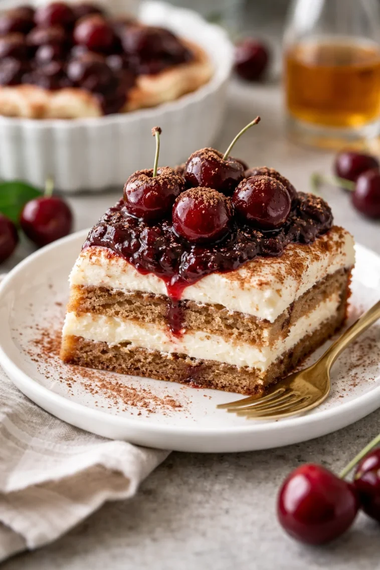 Schichtdessert Kirsche Amaretto Tiramisu mit Kirschen und Amaretto-Sauce