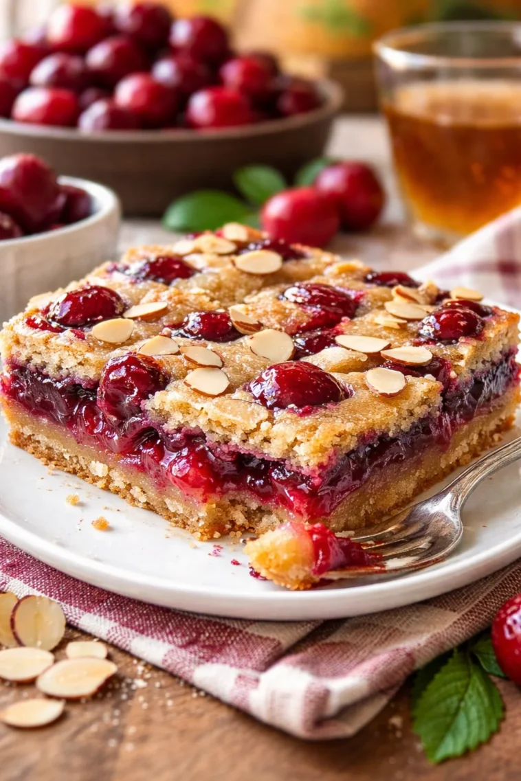 Kirsche Mandel Keks Riegel auf einem Holzbrett serviert.