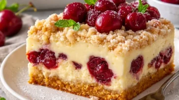 Kirschkuchen mit Streusel und Vanillepudding auf einem Teller