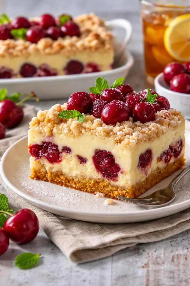 Kirschkuchen mit Streusel und Vanillepudding auf einem Teller