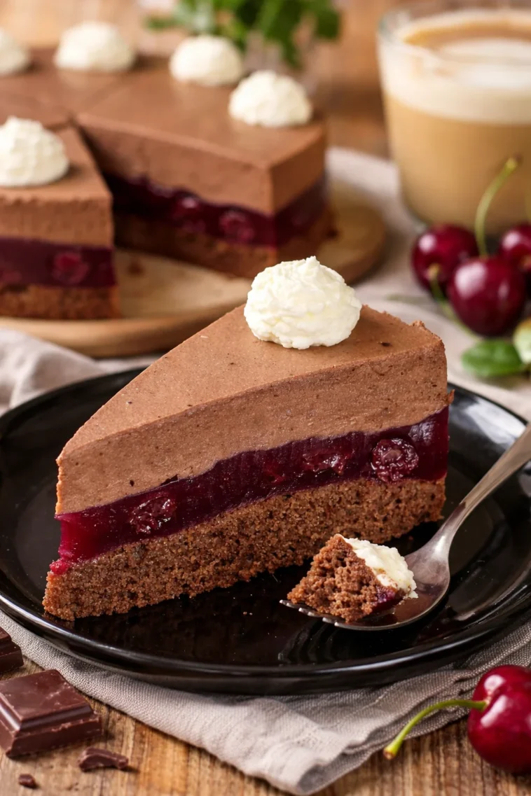 Kirschtorte mit Schokocreme dekoriert mit Kirschen und Schokoladensplittern.