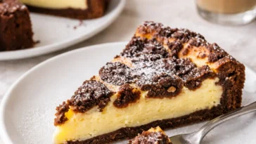 Klassischer Russischer Zupfkuchen mit Schokoladenboden und Quarkfüllung