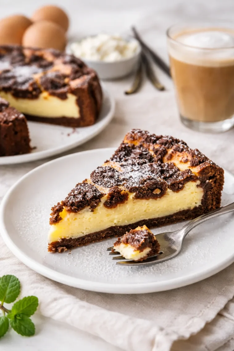 Klassischer Russischer Zupfkuchen mit Schokoladenboden und Quarkfüllung