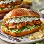 Knuspriges Hühnchen-Caesar-Sandwich mit frischem Gemüse und Dressing