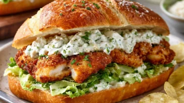 Knuspriges Hühnchen-Caesar-Sandwich mit frischem Gemüse und Dressing