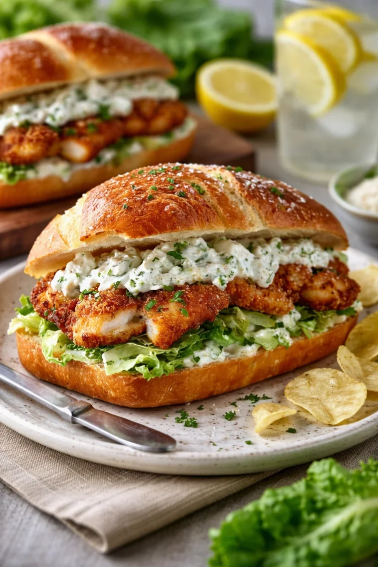 Knuspriges Hühnchen-Caesar-Sandwich mit frischem Gemüse und Dressing