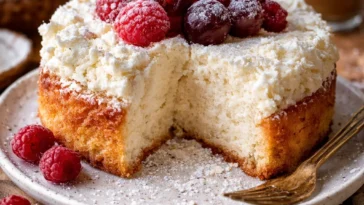 Leckerer Kokos-Ricotta-Kuchen auf einem Teller serviert.