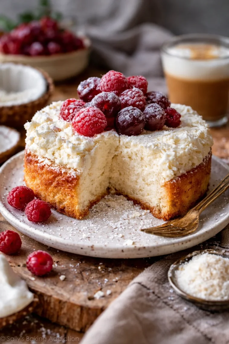 Leckerer Kokos-Ricotta-Kuchen auf einem Teller serviert.