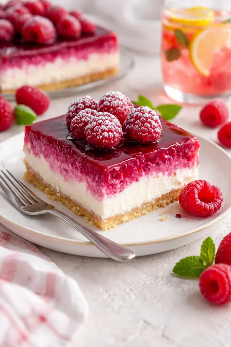 Cremiger Himbeer-Käsekuchen auf einem Teller dekoriert mit frischen Himbeeren