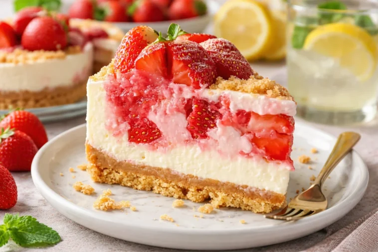Leckere Erdbeer-Shortcake-Cheesecake mit frischen Erdbeeren und cremiger Füllung