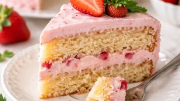 Leckere Frischkäse-Erdbeer-Torte mit frischen Erdbeeren und Sahne.