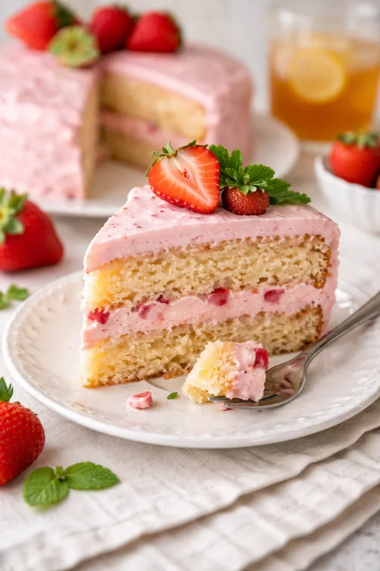Leckere Frischkäse-Erdbeer-Torte mit frischen Erdbeeren und Sahne.