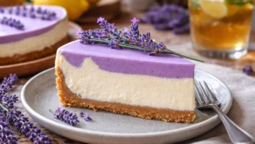 Leckere Honig-Lavendel-Käsekuchen auf einem Teller, dekoriert mit Lavendelblüten.