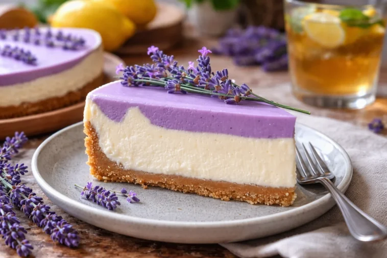 Leckere Honig-Lavendel-Käsekuchen auf einem Teller, dekoriert mit Lavendelblüten.