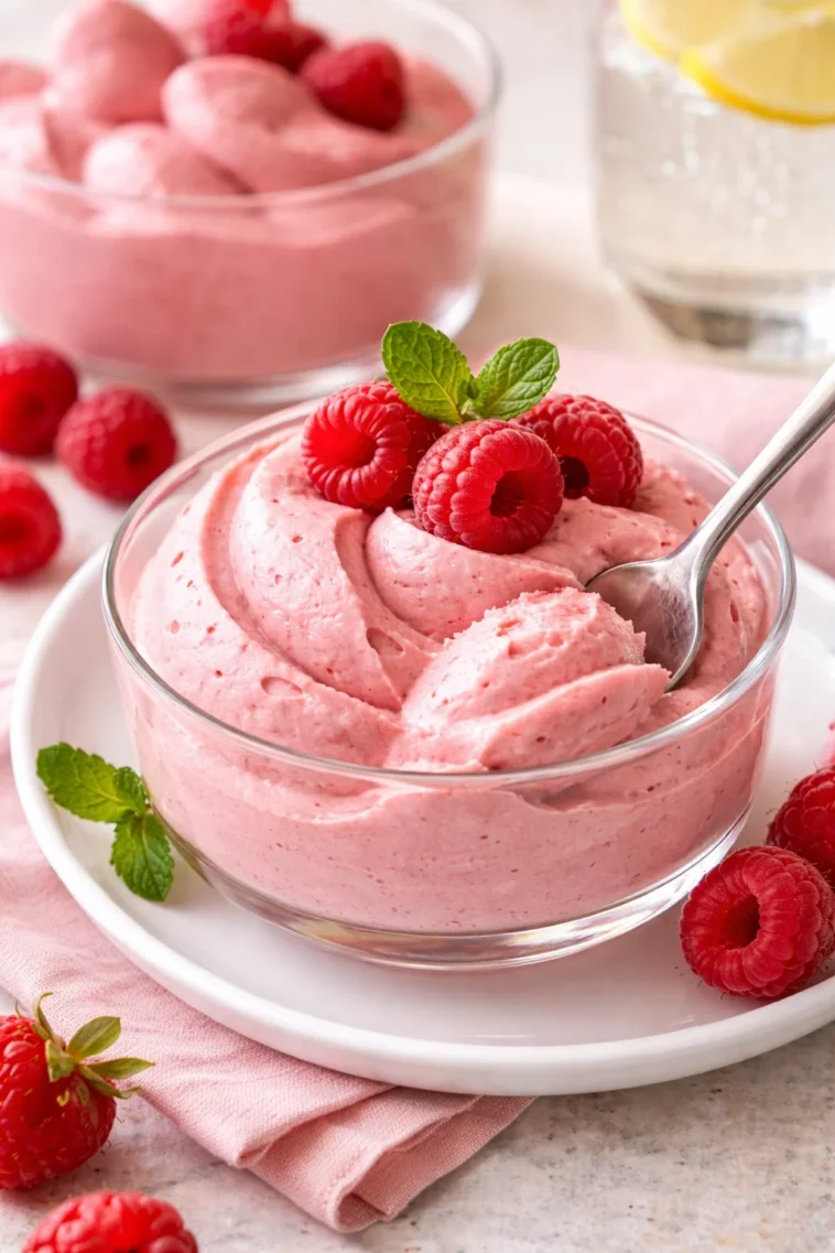 Leichte und luftige Himbeermousse serviert in einem Glas