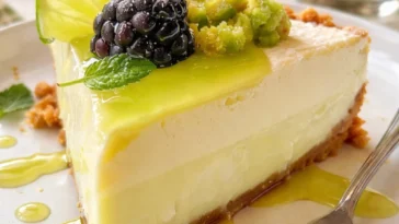 Erfrischender Limetten-Mousse-Käsekuchen auf einem Teller, dekoriert mit Limettenscheiben.