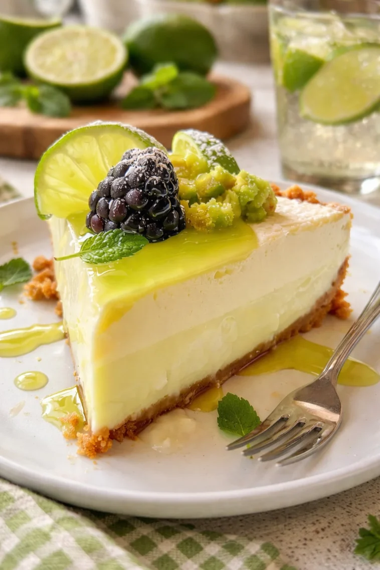 Erfrischender Limetten-Mousse-Käsekuchen auf einem Teller, dekoriert mit Limettenscheiben.