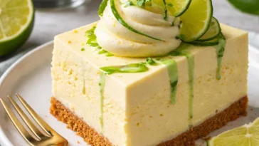 Ein köstlicher Limettenkäsekuchen auf einem weißen Teller