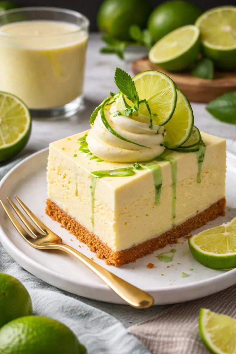 Ein köstlicher Limettenkäsekuchen auf einem weißen Teller