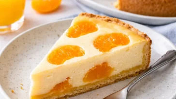 Saftiger Mandarinenkuchen mit frischen Mandarinenstücken dekoriert.