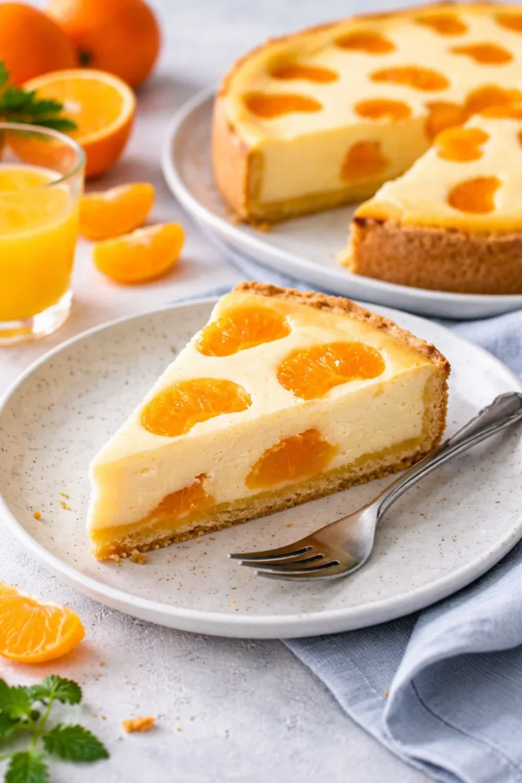 Saftiger Mandarinenkuchen mit frischen Mandarinenstücken dekoriert.