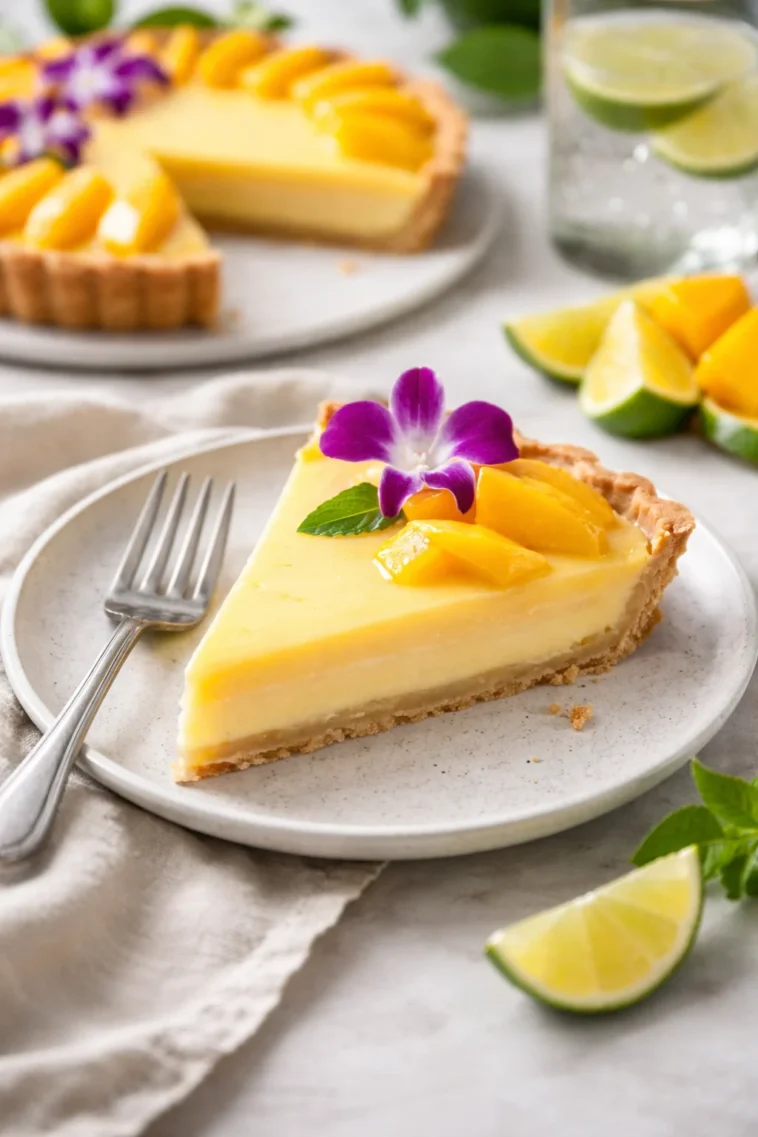 Mango-Curd-Tarte mit frischen Mangostücken und cremigem Curd