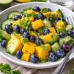 Mango Gurkensalat mit Heidelbeeren und Avocado auf einem dekorativen Teller